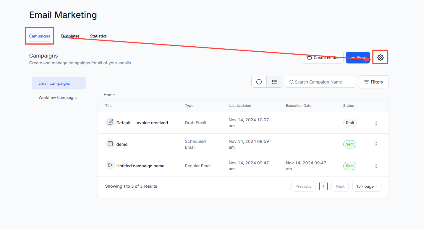Email marketing dashboard displaying campaign management options, including titles, types, last updated timestamps, and status indicators for email campaigns.