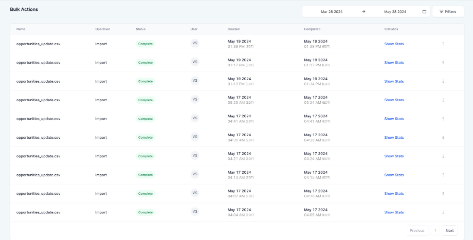 Table displaying bulk actions for CSV file imports, showing names, operations, statuses, users, creation dates, and completion dates for data management within the Ascendea platform.