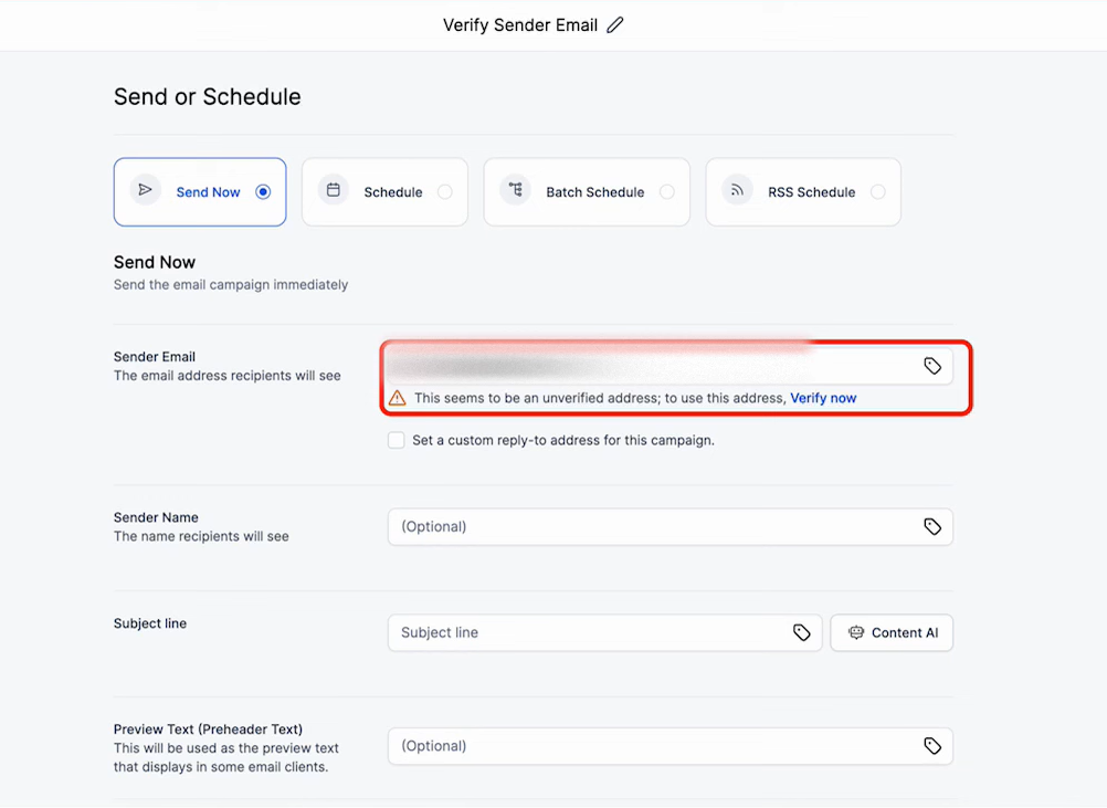 Email campaign interface displaying a warning about an unverified sender email address, with options to verify and schedule the campaign.