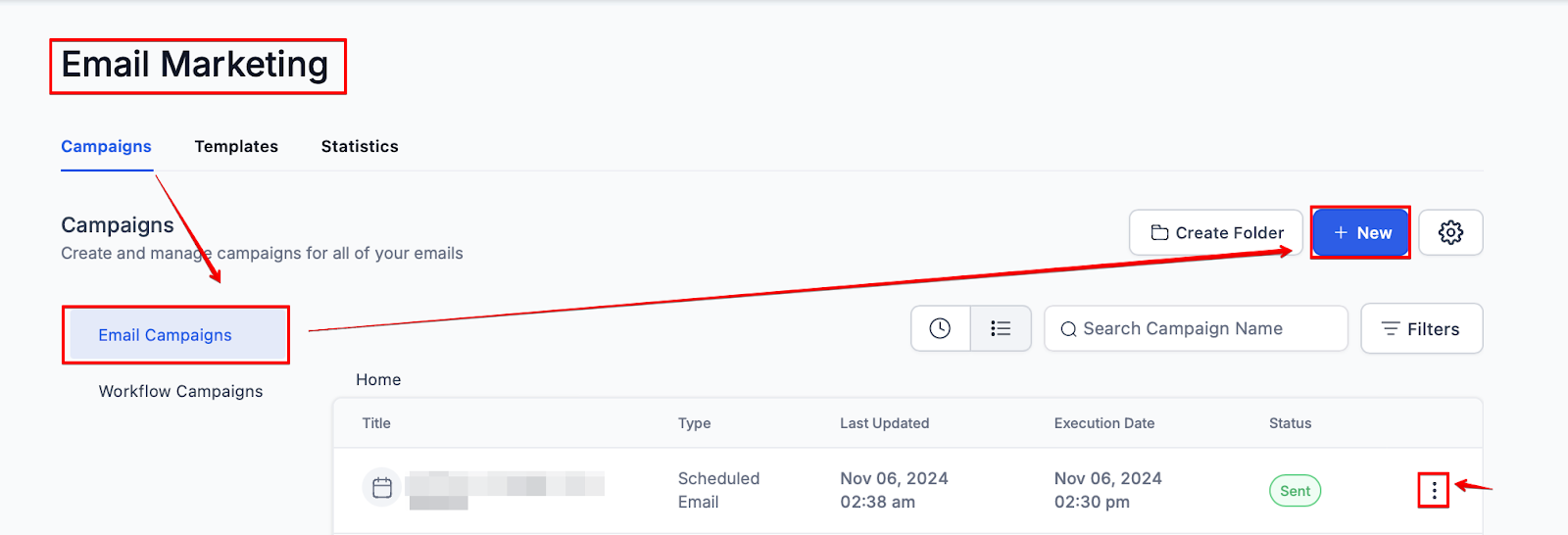 Email marketing dashboard showing "Email Marketing" header, options for campaigns and templates, and a highlighted "New" button for creating campaigns.
