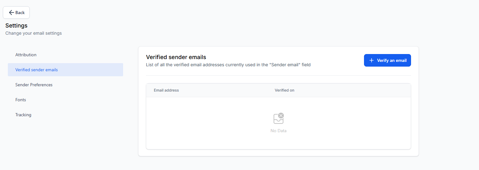 Settings interface displaying verified sender emails section for email verification, featuring options to verify an email and manage sender preferences.