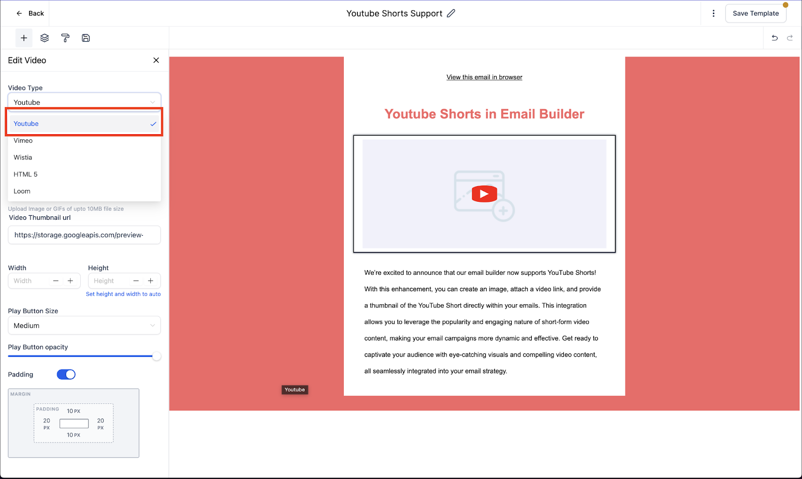 YouTube video element selection in email builder interface for promoting YouTube Shorts, featuring options for video type and thumbnail customization.