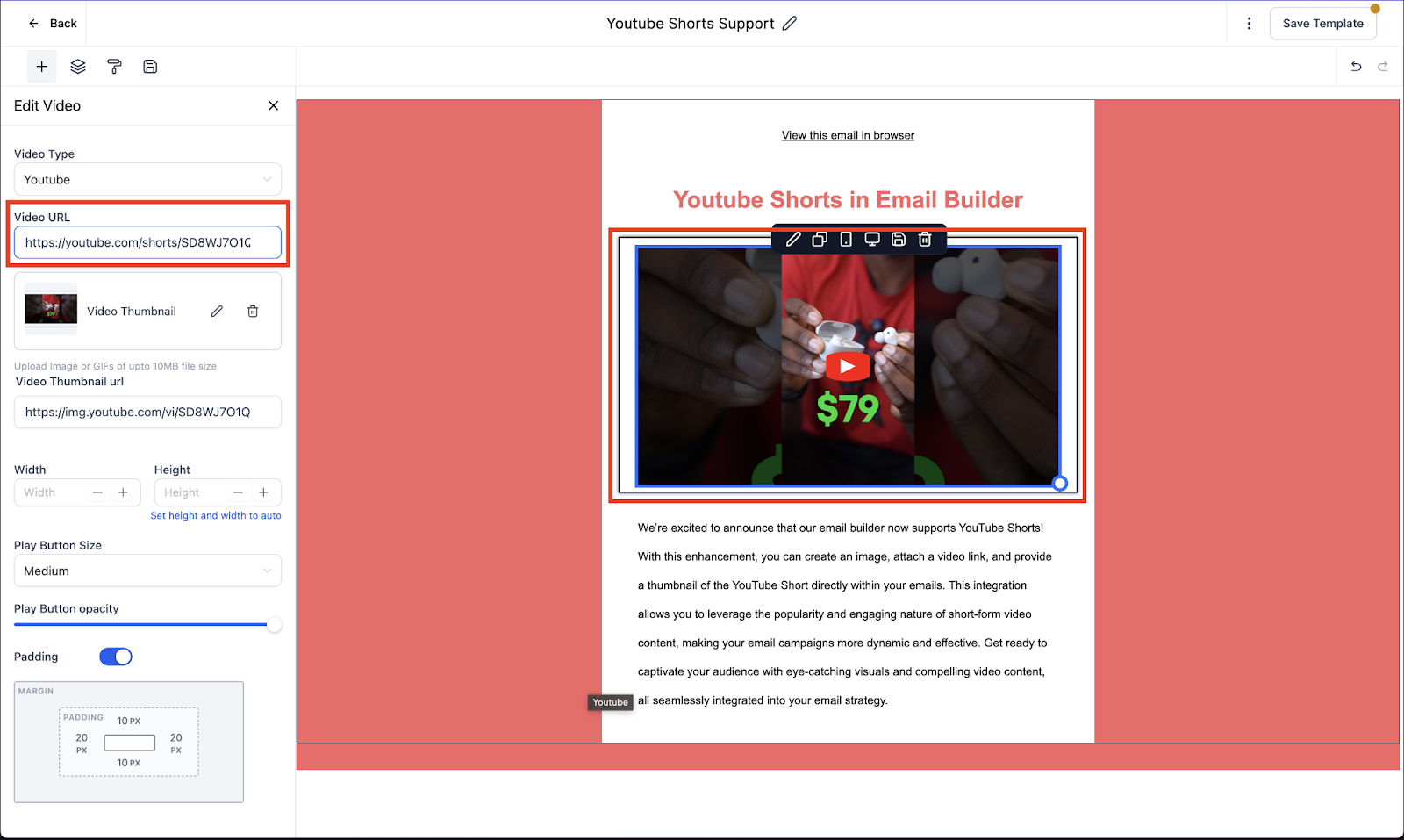Video editing interface showcasing YouTube Shorts integration in email builder, featuring hands holding wireless earbuds and a prominent play button with price tag of $79.