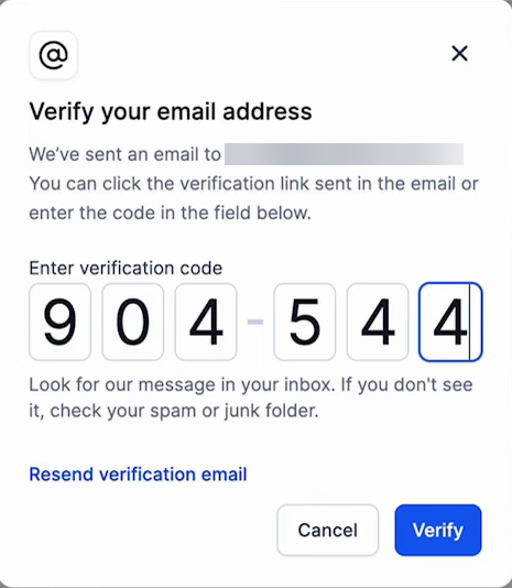 Email verification prompt showing code entry field and instructions for verifying email address during campaign setup.
