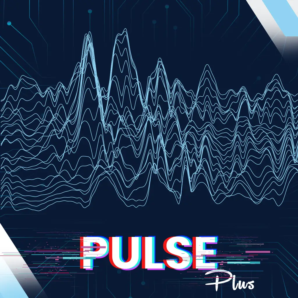 Pulse Plus branding graphic featuring dynamic waveforms and digital elements, representing AI-powered CRM solutions and enhanced customer management.
