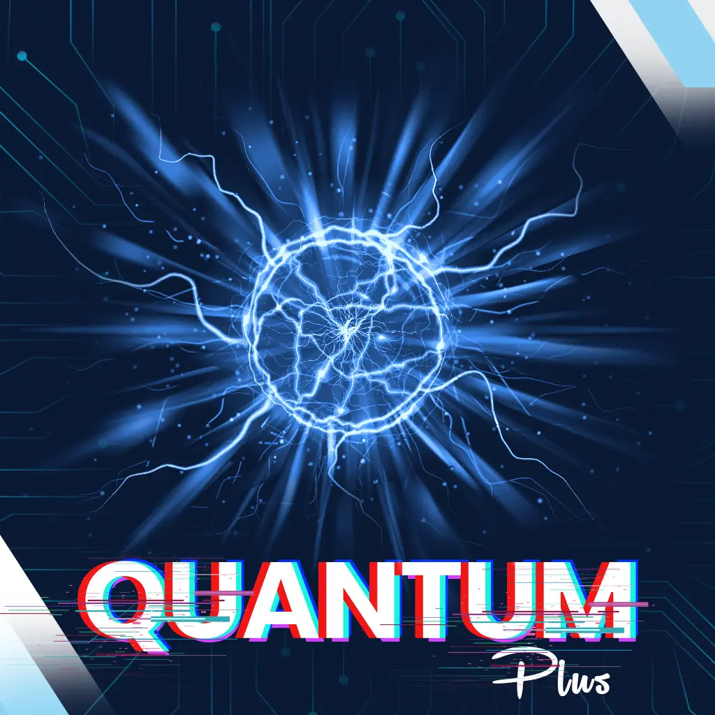 Visual representation of "Quantum Plus" featuring an electric energy sphere with dynamic blue rays, symbolizing advanced AI solutions and automation in marketing by Ascendea.
