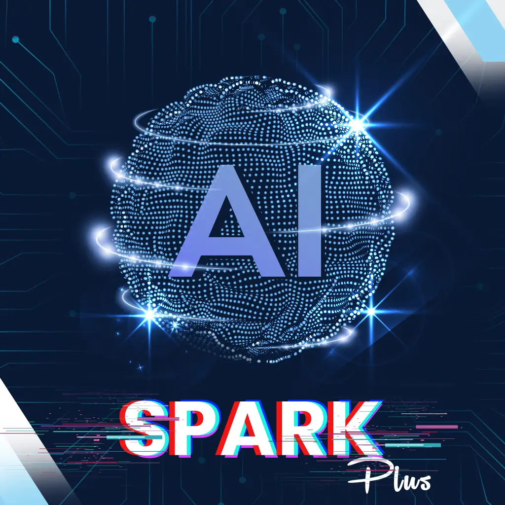 AI globe with digital dots and glowing effects, featuring "AI" prominently in the centre, and "SPARK Plus" at the bottom, representing Ascendea's AI-driven marketing solutions.