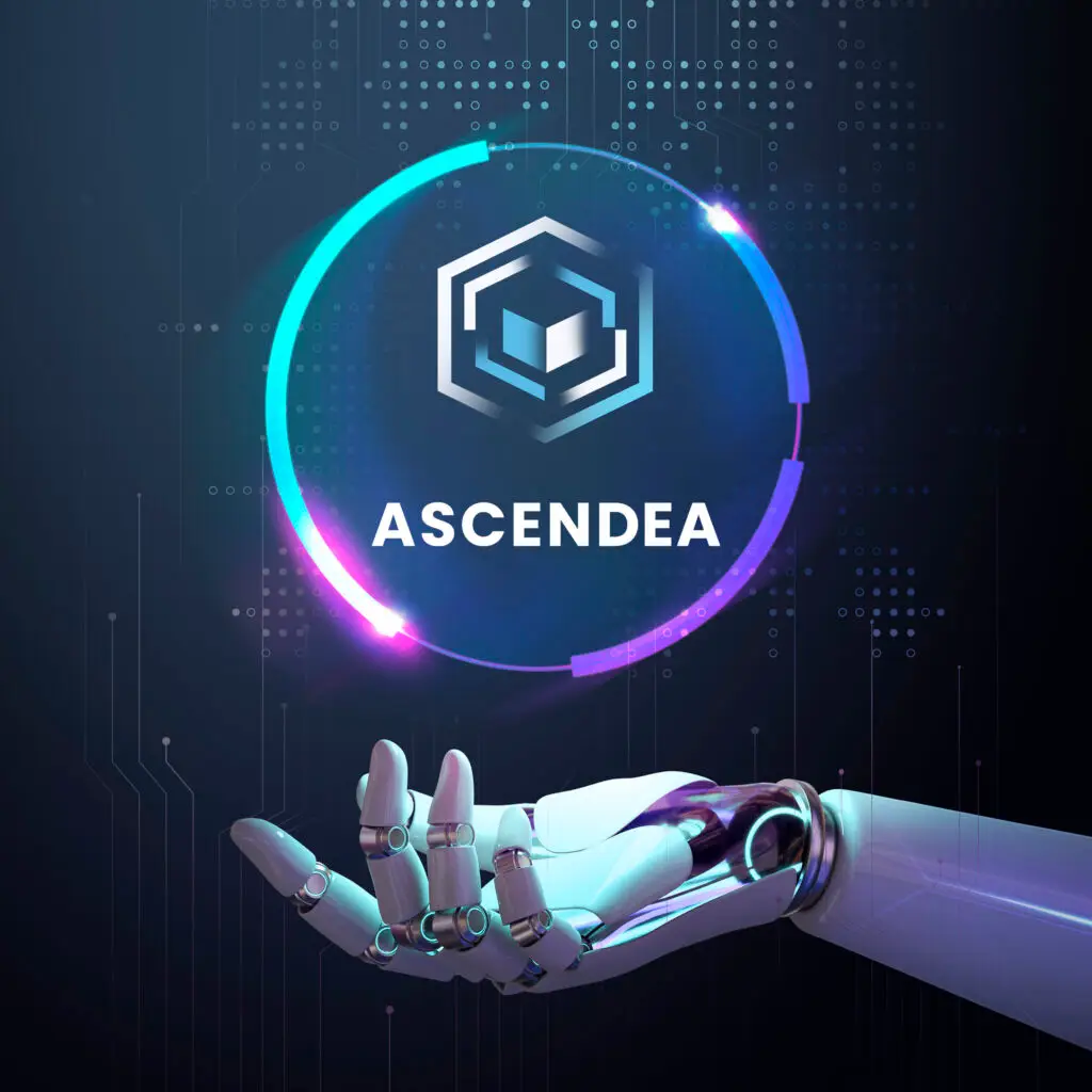 Robotic hand reaching out with the Ascendea logo and digital design elements, representing AI-powered CRM solutions for customer relationship management.