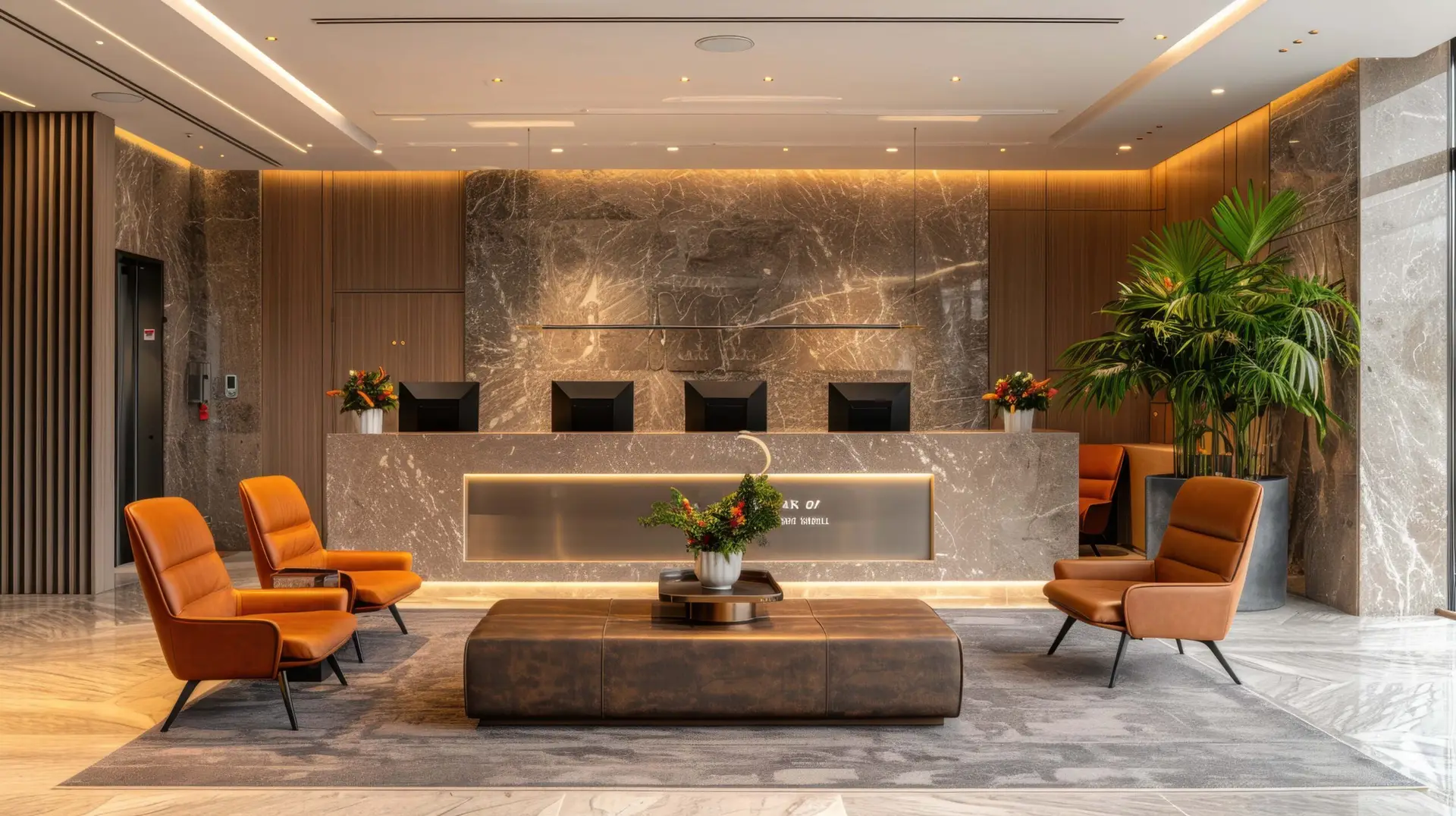 Luxury hotel reception area featuring modern design, sleek marble counter, orange seating, and greenery, emphasizing personalized guest experiences and operational efficiency.