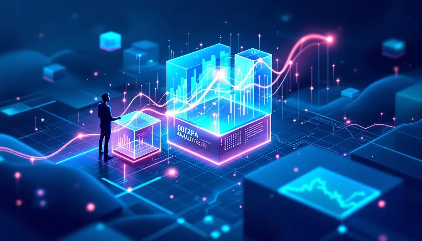 Digital data analysis scene with a figure interacting with glowing data cubes and analytics graphs, representing AI-driven marketing and business growth solutions for local businesses by Ascendea.