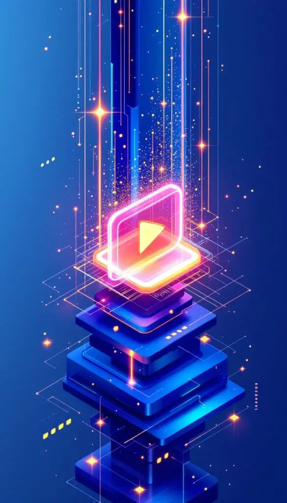 Digital illustration of a glowing play button on layered blue platforms, symbolizing digital streaming and ad technology, relevant to Ascendea's AI-driven advertising solutions.