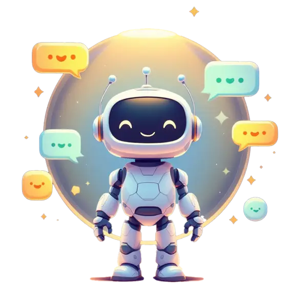 AI assistant robot with a cheerful expression, surrounded by colorful speech bubbles, representing innovation in AI communication and customer engagement.