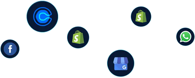 Icons representing integration options for ASCENDEA AI, including Facebook, Shopify, Google My Business, and WhatsApp, symbolizing seamless connectivity for enhanced lead generation and customer interaction.