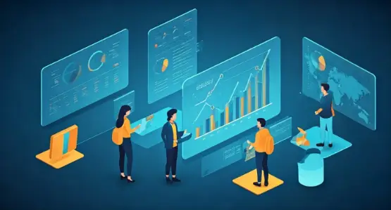Group of professionals analyzing data visualizations and graphs, highlighting analytics and growth strategies for small businesses.