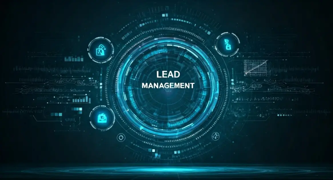 Lead management graphic featuring digital elements, icons representing data security, analytics, and customer engagement, emphasizing automation and efficiency in sales processes.