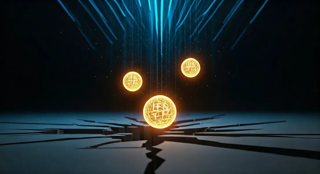 Three glowing spheres symbolizing innovation over cracked ground, illustrating Ascendea's AI-driven marketing strategies.
