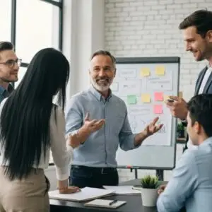 Middle aged man in team meeting