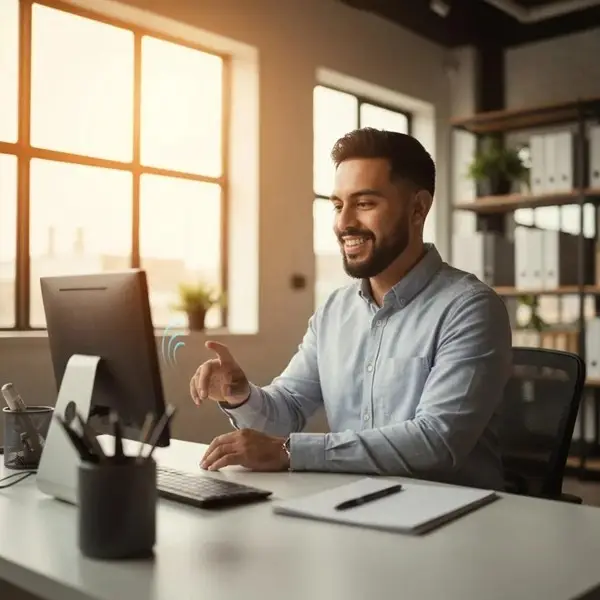 Young businessman at a computer screen
