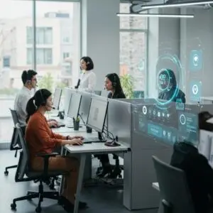 Call centre agents using AI voice assistants for customer support, with digital interfaces showcasing analytics and automated interactions in a modern office setting.