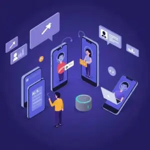 AI voice assistants interacting with users on smartphones and smart devices, illustrating customer support automation and engagement in CRM systems.