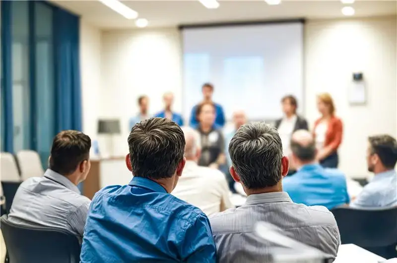 Group of professionals attending a presentation in a modern conference room, focusing on solutions for accounting firms, with Ascendea representatives discussing AI-powered tools for efficiency and client engagement.