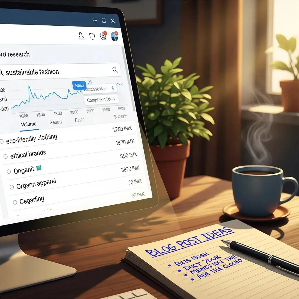 Close-up of a computer screen with keyword research tools in a cozy workspace