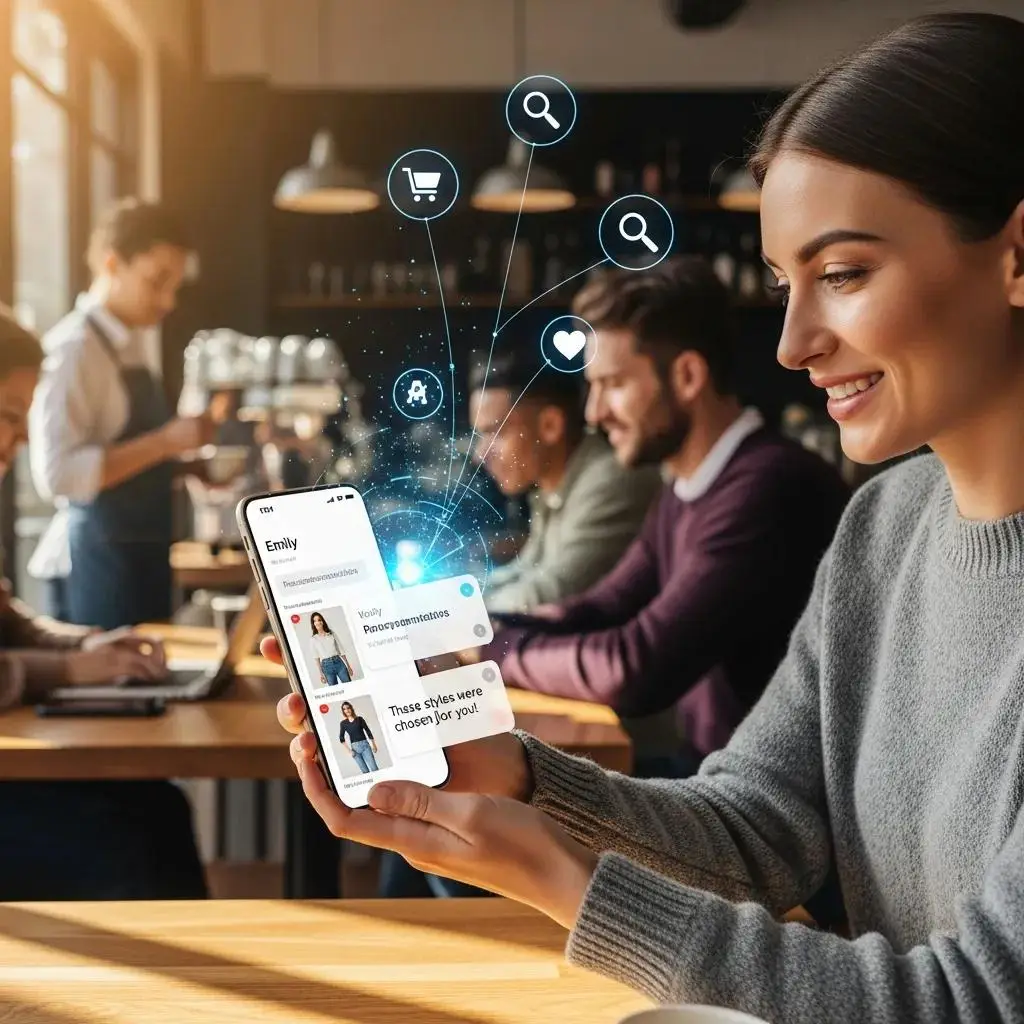 Customer engaging with an AI chatbot for personalized marketing experiences in a caf&eacute;