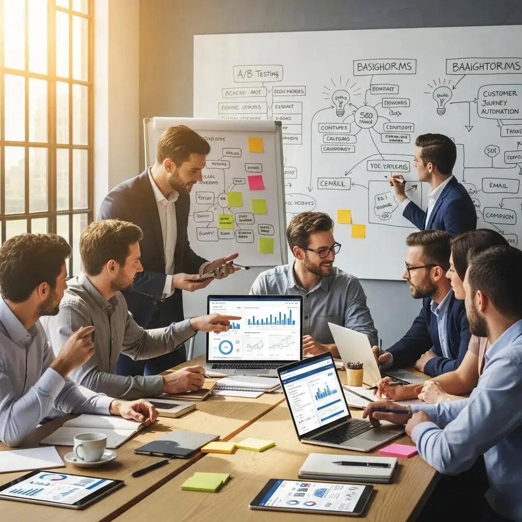 Diverse professionals collaborating in a modern office on marketing automation strategies