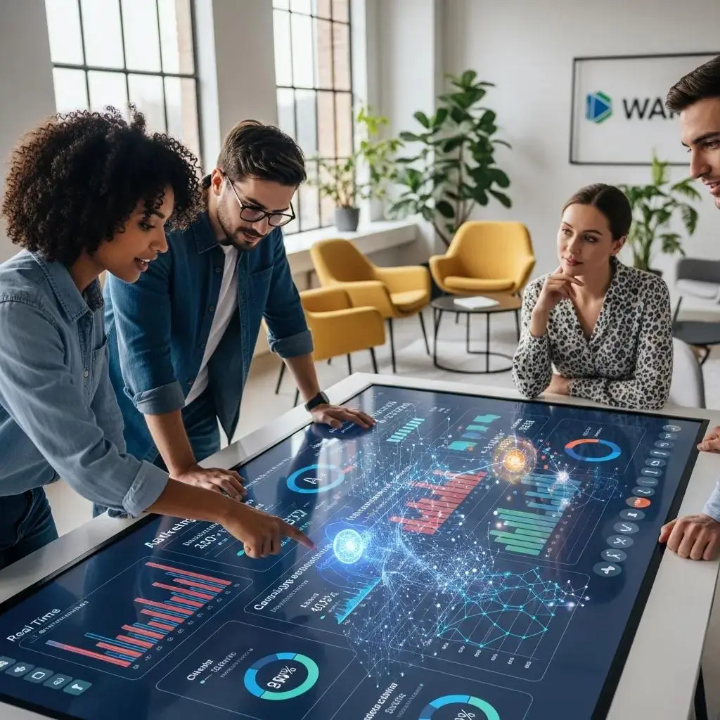 Diverse professionals collaborating on AI-driven digital marketing strategies in a modern office