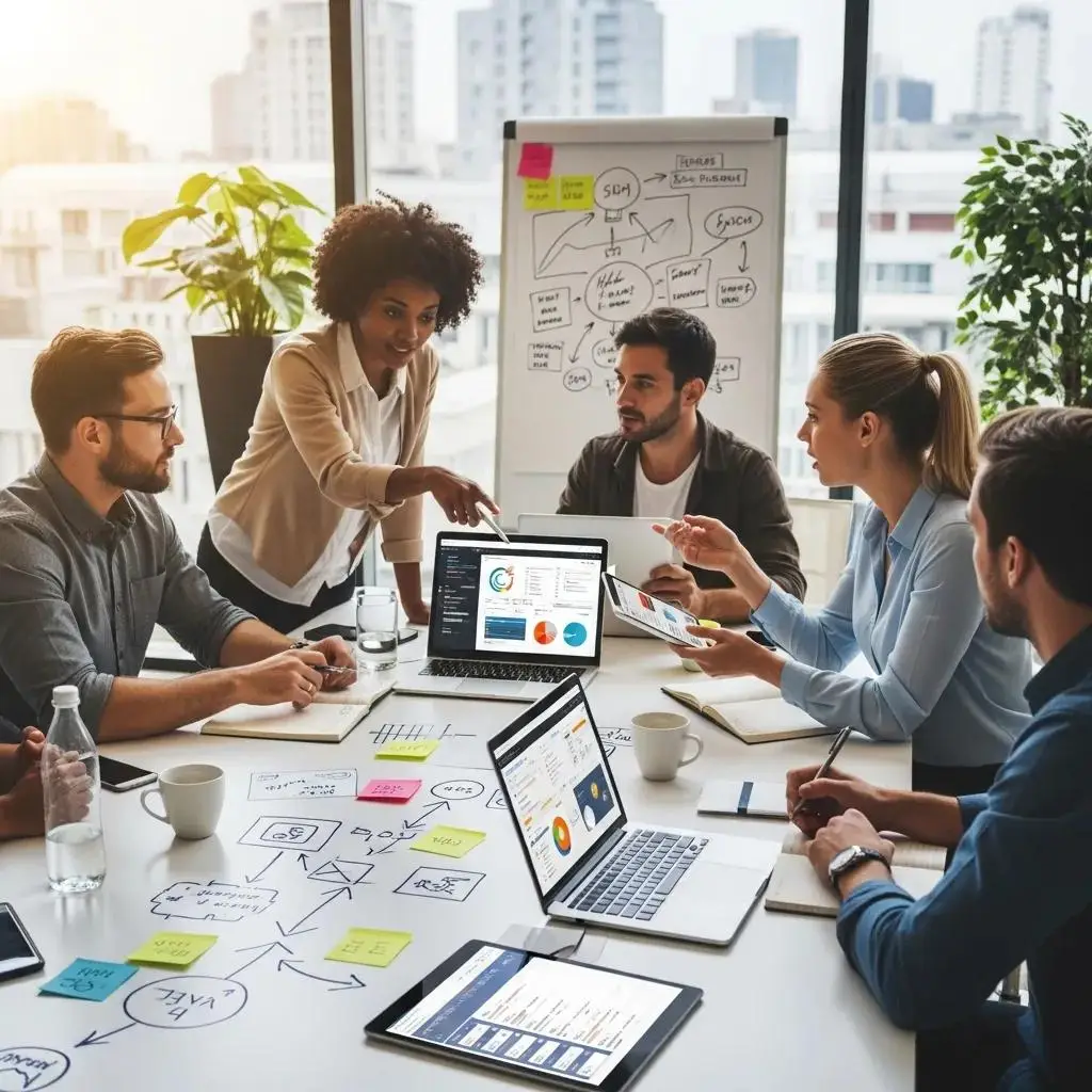 Diverse professionals collaborating on digital marketing strategies in a modern office