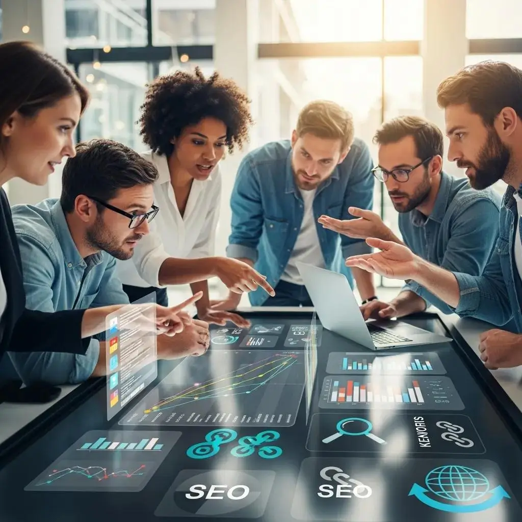 Diverse professionals collaborating on SEO strategies in a modern office
