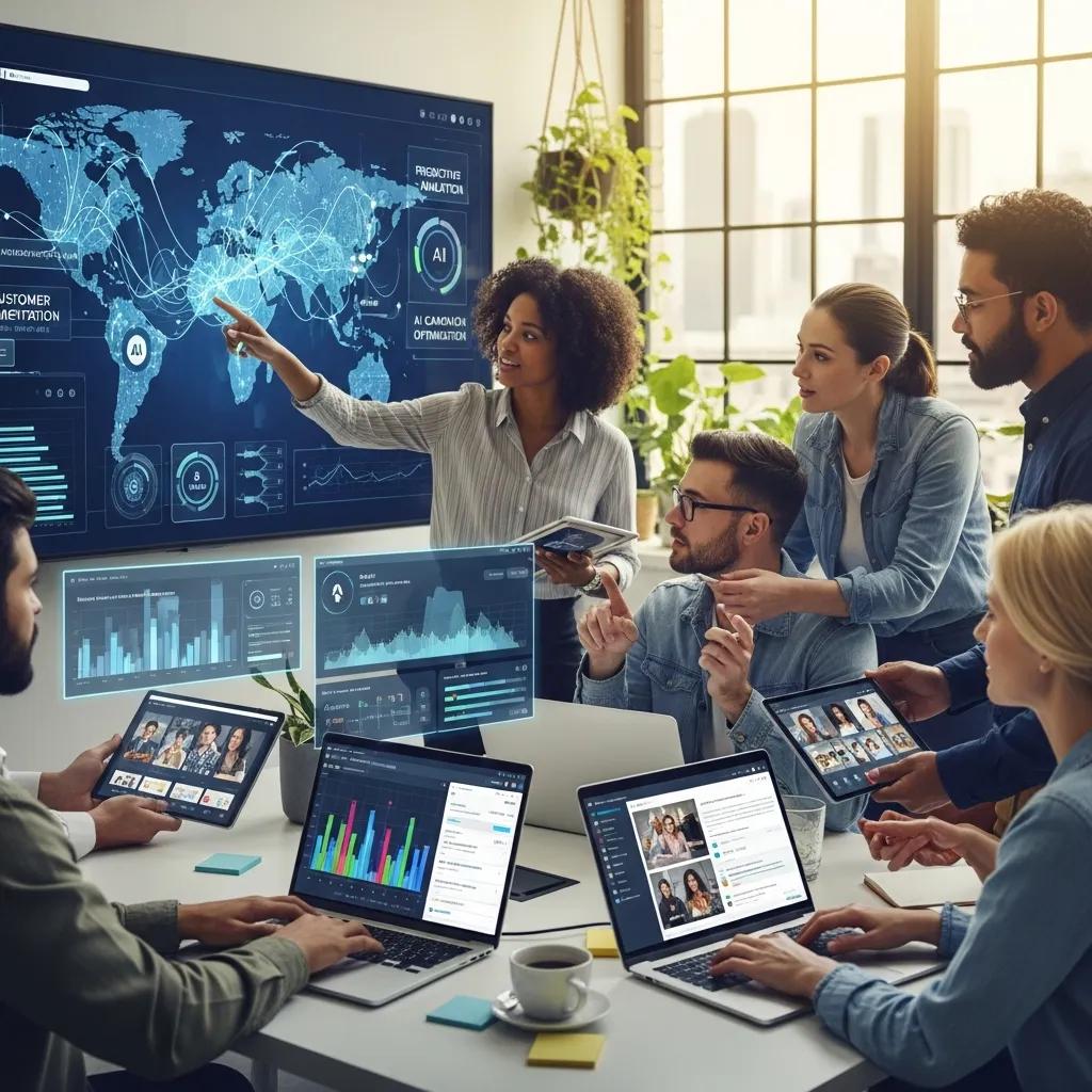 Diverse professionals collaborating with AI marketing tools in a modern office setting
