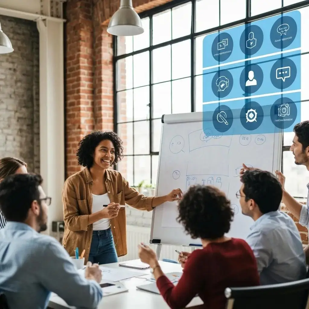 A diverse small business team collaborating with AI voice agent technology in a modern workspace environment