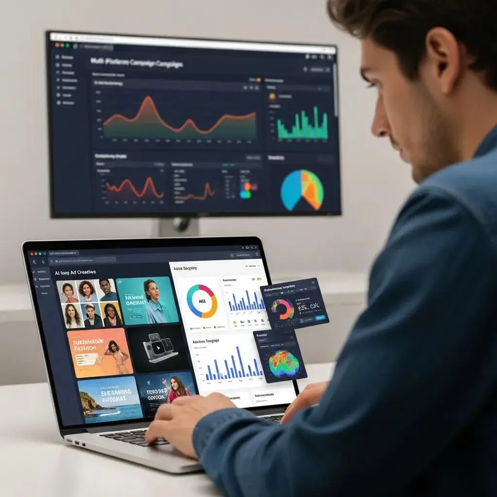 Marketing professional analyzing AI ad metrics on a laptop