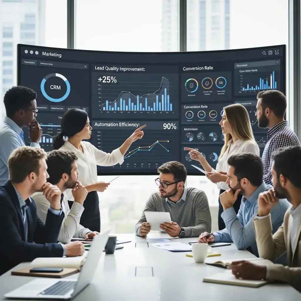 Marketing team analyzing data to improve lead quality and quantity through automation