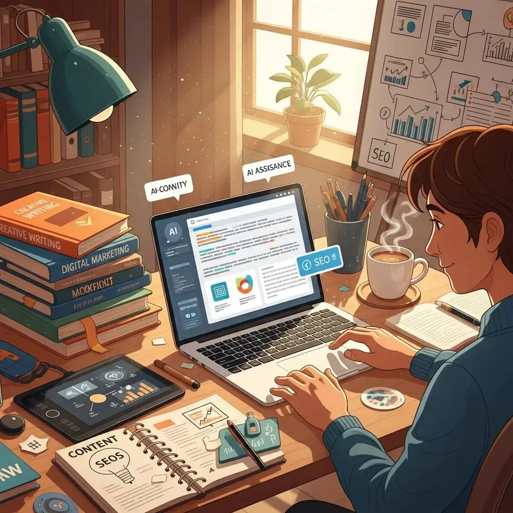 Person using AI tools for content creation and SEO optimization in a creative workspace