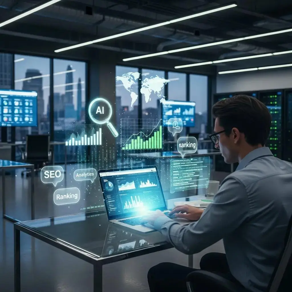 Person using AI tools for SEO optimization in a modern office setting
