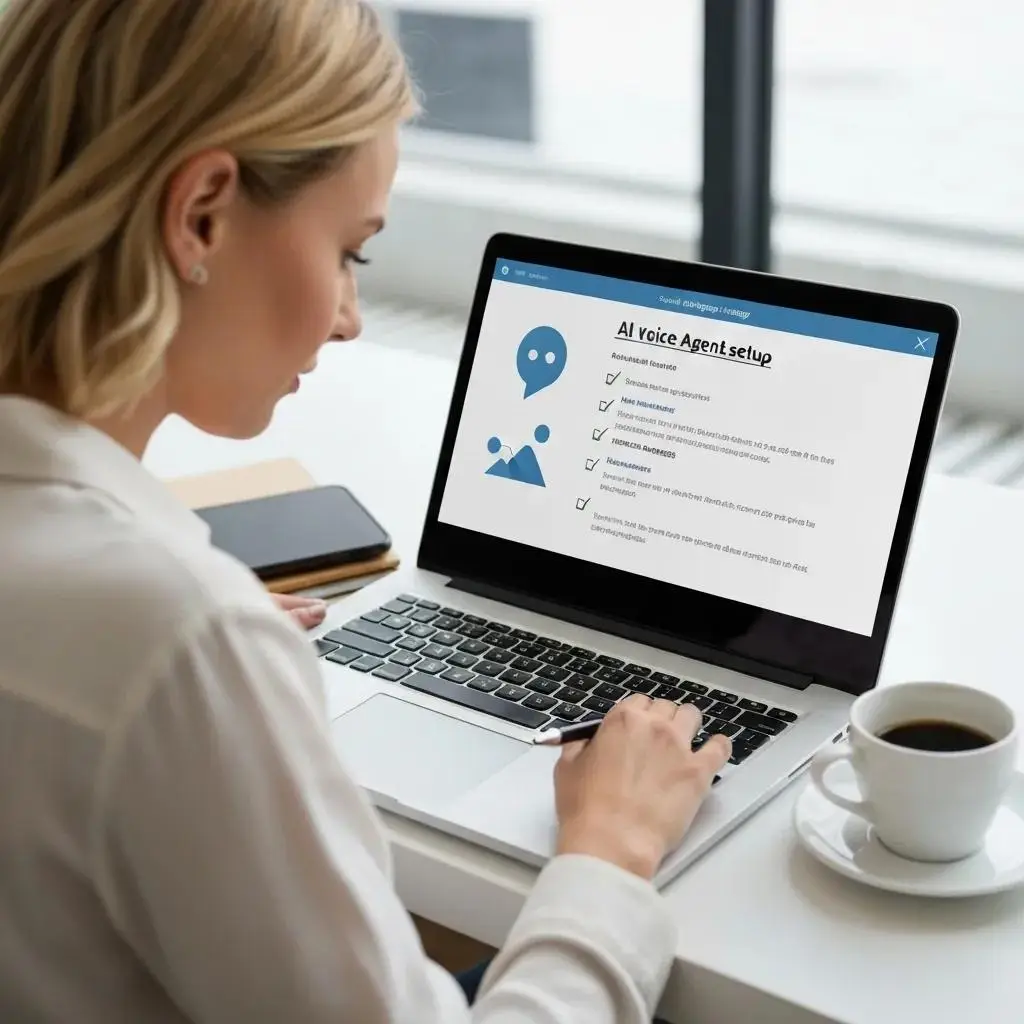 A small business owner reviewing the setup of an AI voice agent on a laptop, accompanied by a checklist