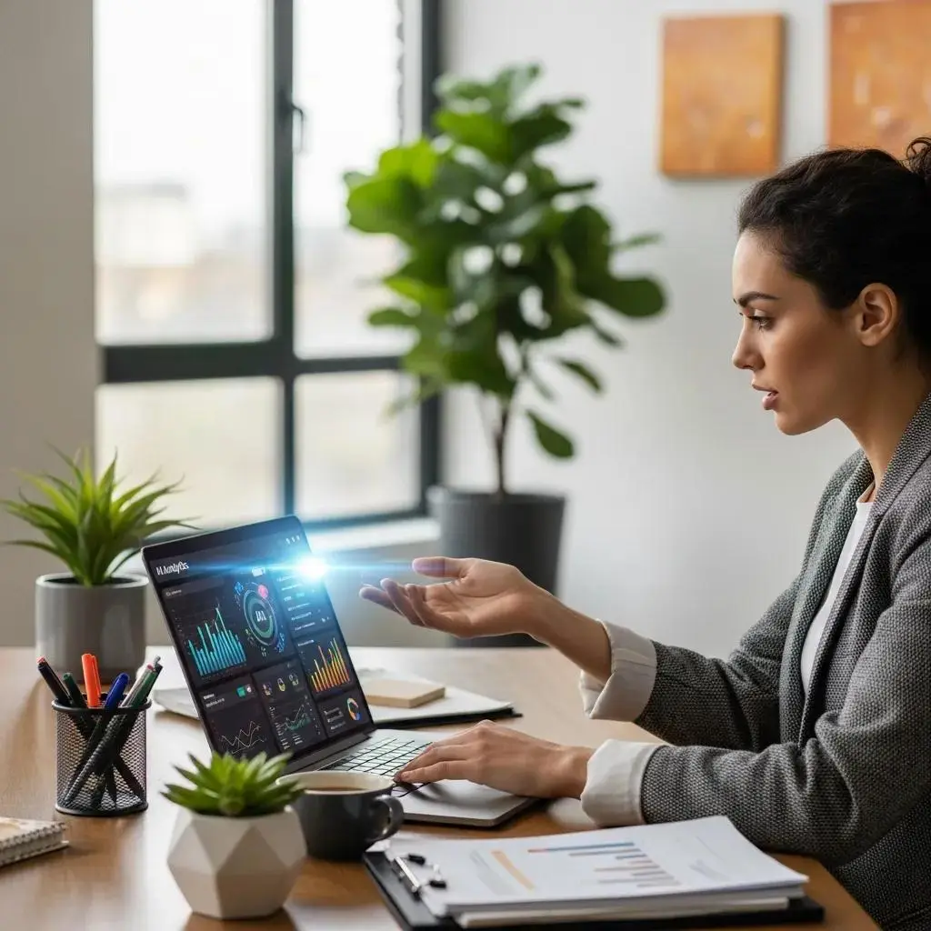 Small business owner using AI technology in a modern workspace