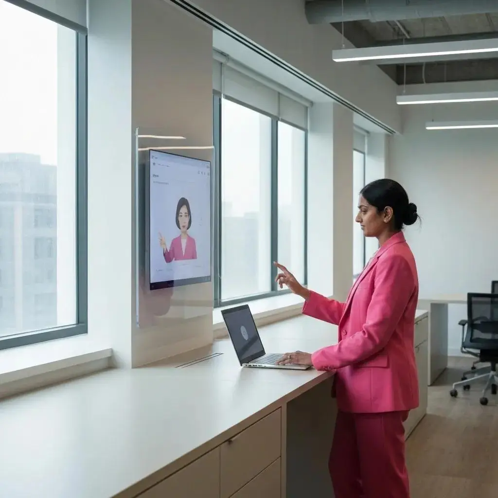 Small business owner using AI voice assistant on smartphone in a modern office