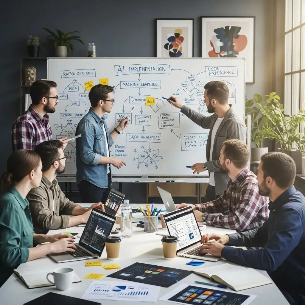 Small business team collaborating on AI implementation strategies