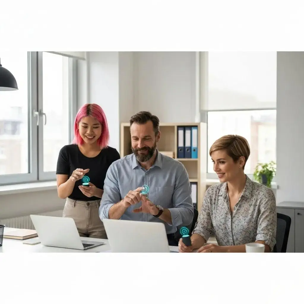 Small business team using AI voice assistants in a modern office