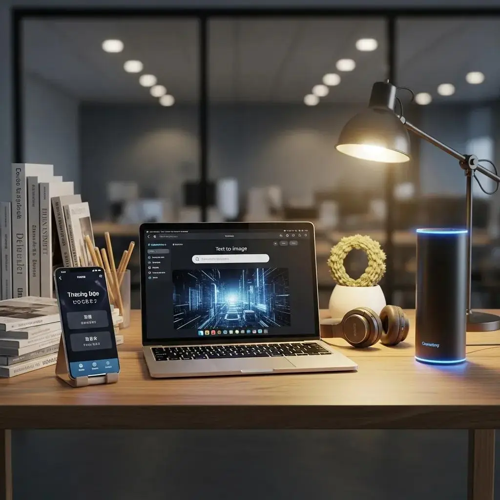 Various AI tools for small business success on a desk