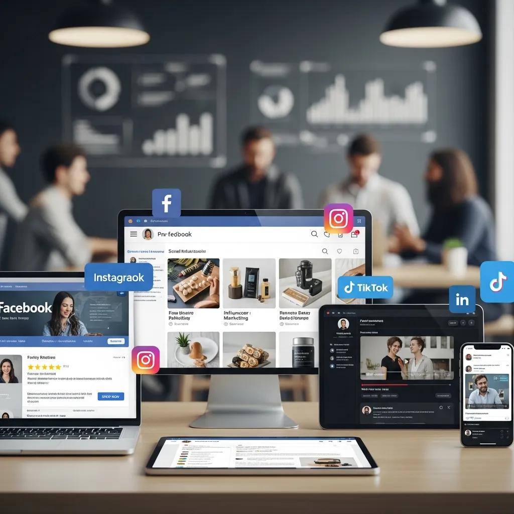 Various social media platforms displayed on digital devices, emphasizing growth opportunities